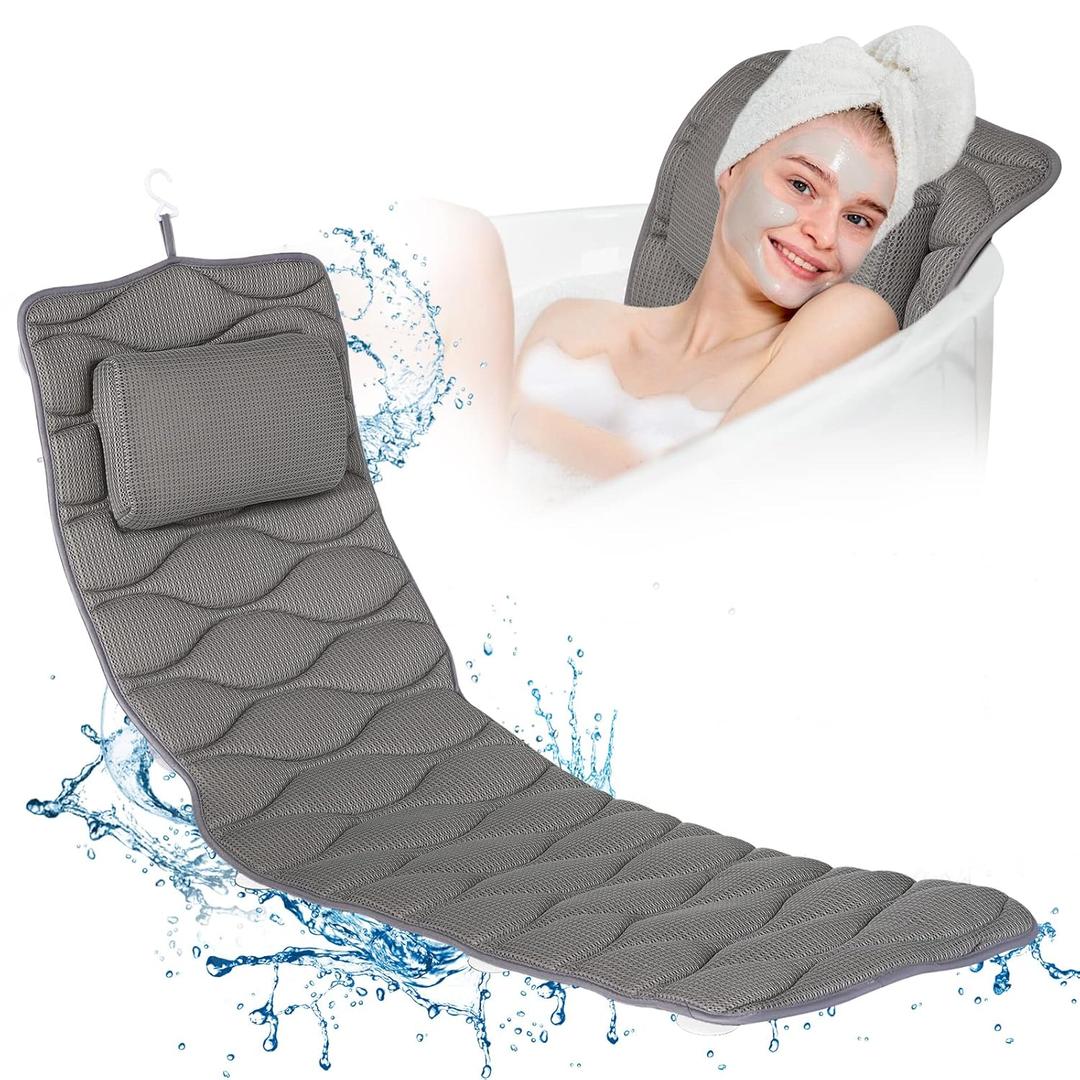 OMYSTYLE Full Body Bath Pillow, Bath Pillows for tub with Mesh Washing Bag & 21 Non-Slip Suction Cups, Spa Bathtub for Head Neck Shoulder and Back Support - 5D Air Mesh & Quick Drying | Gray (50x16 Inch (Pack of 1))