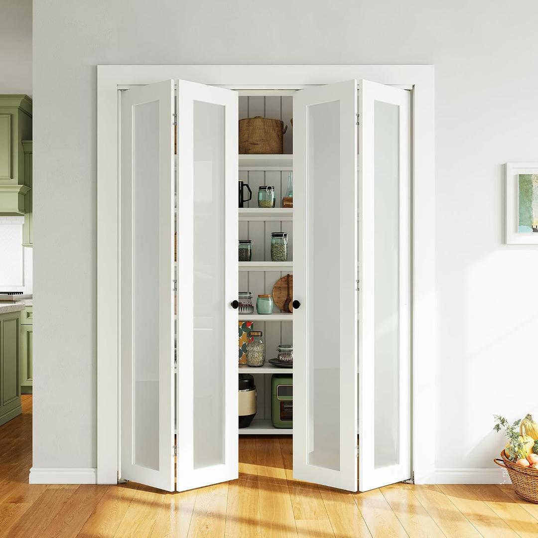 SMARTSTANDARD Bifold Door, 60'' (Double 30") x 80" Tempered Frosted Glass Bifold Closet Door, Interior Folding Doors with Hardware Track Kits, Easy Assembly, MDF, White