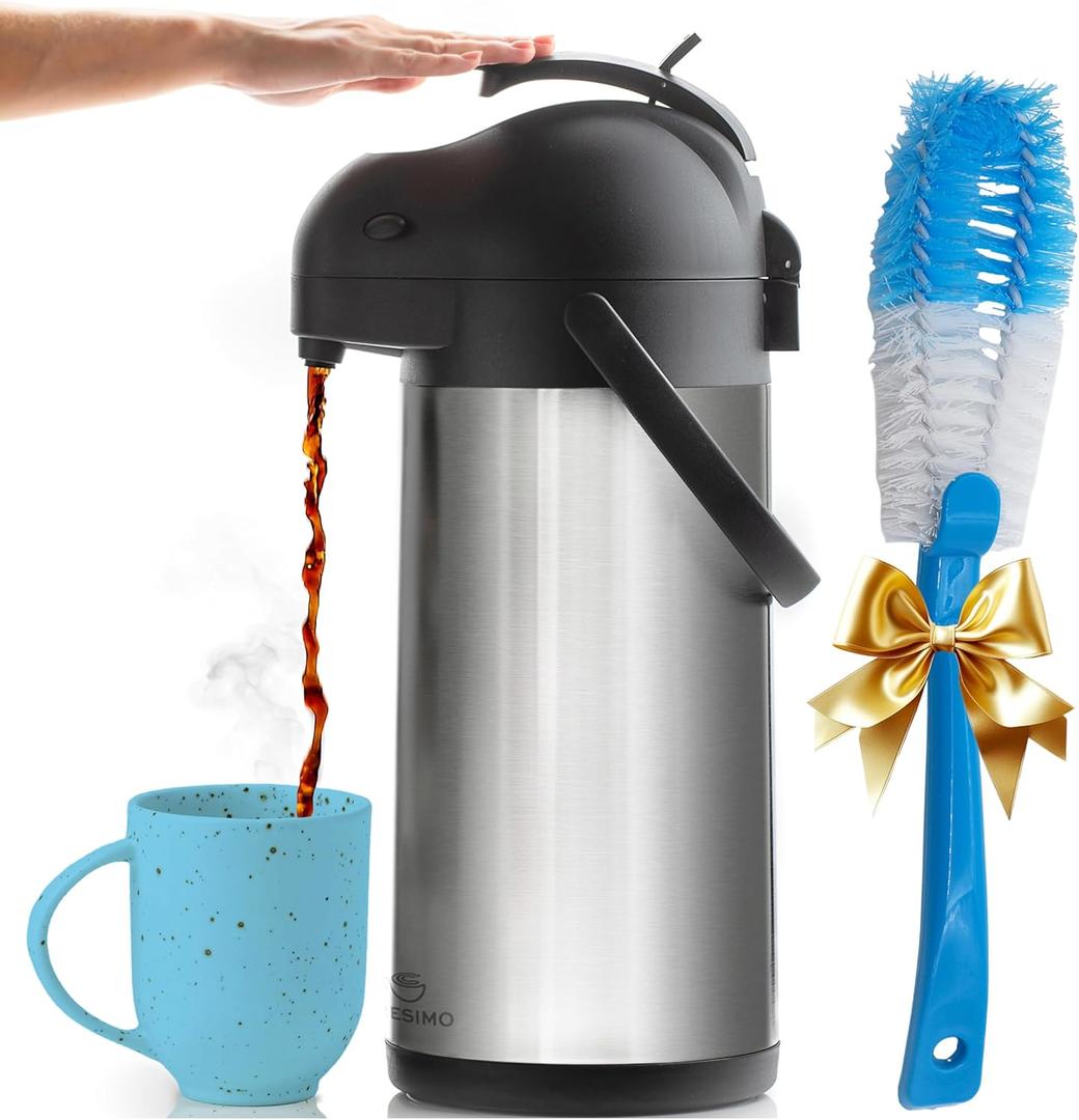 Coffee Carafe Airpot & Cleaning Brush - 101oz / 3L Airpot 12 Hours Hot Water Dispenser or 36 Hours Cold Drink Dispenser with Pump - Easy Dispensing Coffee Carafes for Keeping Hot Extra Large - Cresimo (101.4 Ounces)