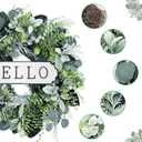 24'' Hello Door Wreath 24inch Boxwood Wreath Farmhouse Eucalyptus Flocked Lambs Ear Wreaths for Front Door Hanging Wall Window Party Decoration
