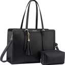 LOVEVOOK Laptop Bag for Women 15.6 inch Lightweight PU Laptop Tote Bag, Large Capacity Computer bag with Clutch Purse for Business, Work, Office, Travel, School,Casual(Black & Leather)