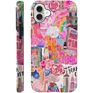 Generic Case Compatible with iPhone 16,Scratch Resistant Hybrid 2-Layer Hard Shell Phone Case,Pink Disco Collage