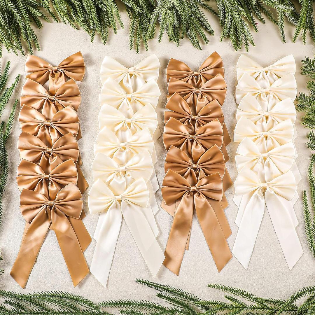 24 Pcs Christmas Tree Bows Satin Ribbon Bow Ornaments for Christmas Tree with Twist Tie 5 x 6 Inch Champagne Khaki Holiday Ornament for Wreath Garland DIY Craft, 1.57 Inch Wide Ribbon