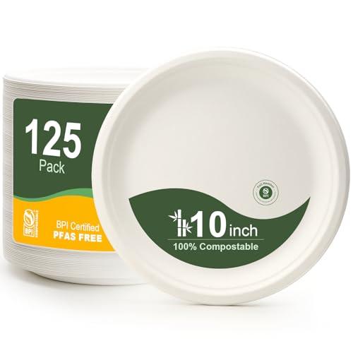 WELLIFE 10 Inch Paper Plates, 125-Pack 100% Compostable Heavy Duty Disposable Plates Bulk, Biodegradable Bagasse, Eco-Friendly, PFAS-Free | BPI Certified | Microwaveable