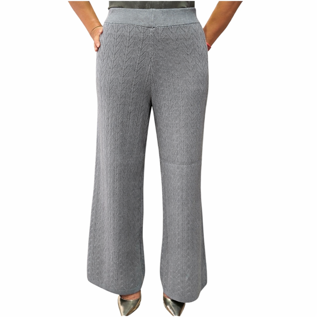 Women's Knit Wide Leg Pants, Cable Pattern, Elastic Waist, Avalible in 4 Colors, Grey, One Size