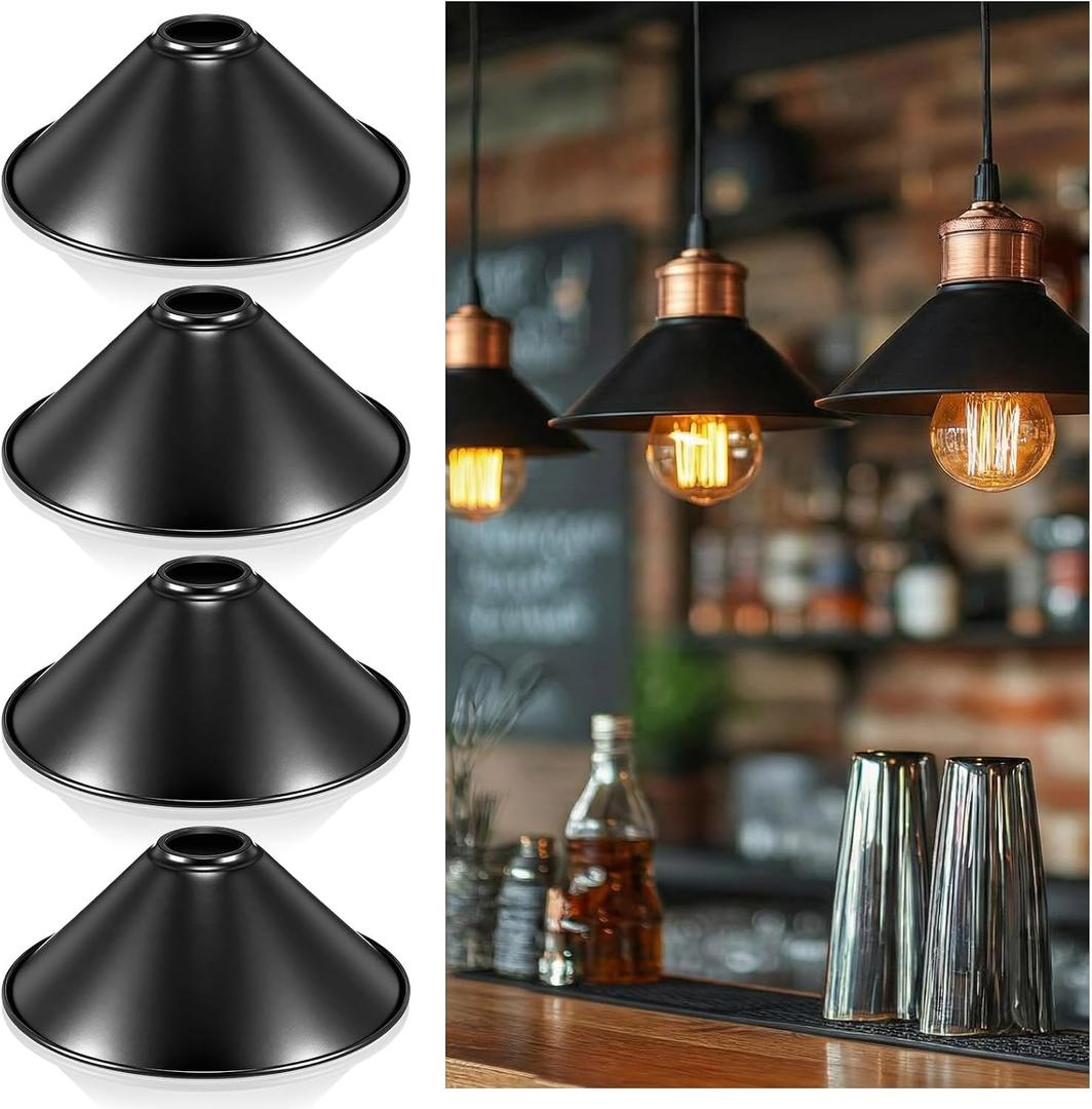 Retisee 4 Pcs 8.7''x2.4'' Industrial Iron Lamp Shade, Cone Shade Industrial Vintage Metal Bulb Guard E26 Base Black Pendant Light Covers Replacement Lampshade for Pendant Light Wall Sconce Table Lamp