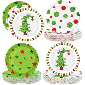 48 Pcs 9 Inch Green Elf Christmas Disposable Plates Whimsical Christmas Party Supplies Xmas Tree Paper Plates Green Red Tableware Holiday Shower Birthday Decorations