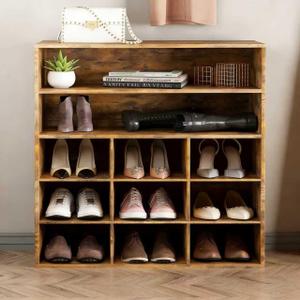 9-Cubby Shoe Rack, Wood Shoe Organizer Bench for Entryway Hallway Closet, 9-cube 5-tier
