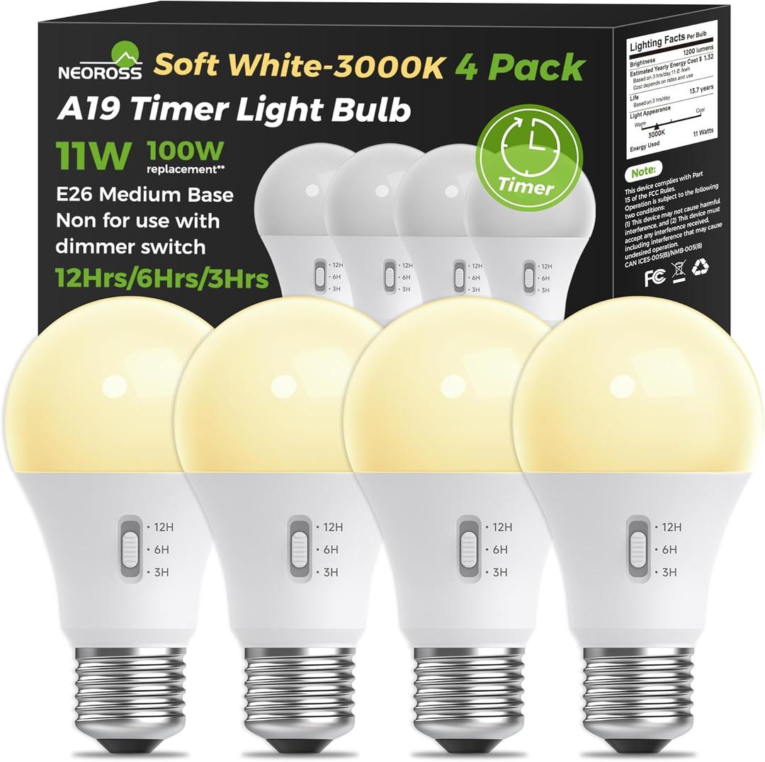 Timer Light Bulb, A19 Equivalent 100W LED Bulb, 12/6/3H Built-in Automatic Timer, 11W 3000K Soft White, 1200LM, E26 Base, Non-Dimmable, Auto On/Off for Outdoor & Indoor Security, 4 Pack