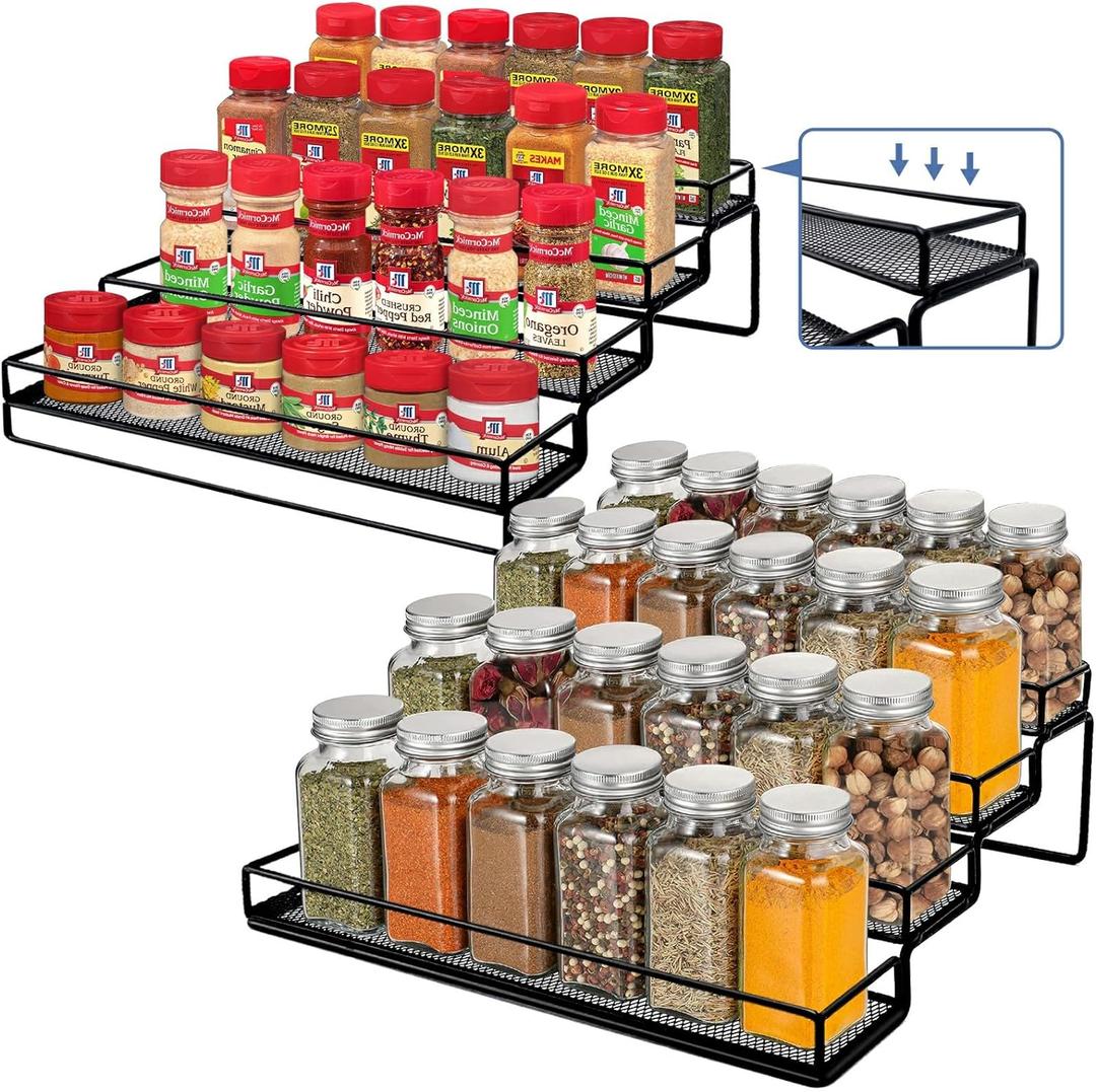 Spice Rack Organizer for Cabinet, 4 Tier Seasoning Organizer, Expandable Shelf,Step Storage Holder, Kitchen Cabinet Countertop,with Protection Railing, Metal (Black,4 Tier,2Pack) (4 Tier + 4 Tier, Black)