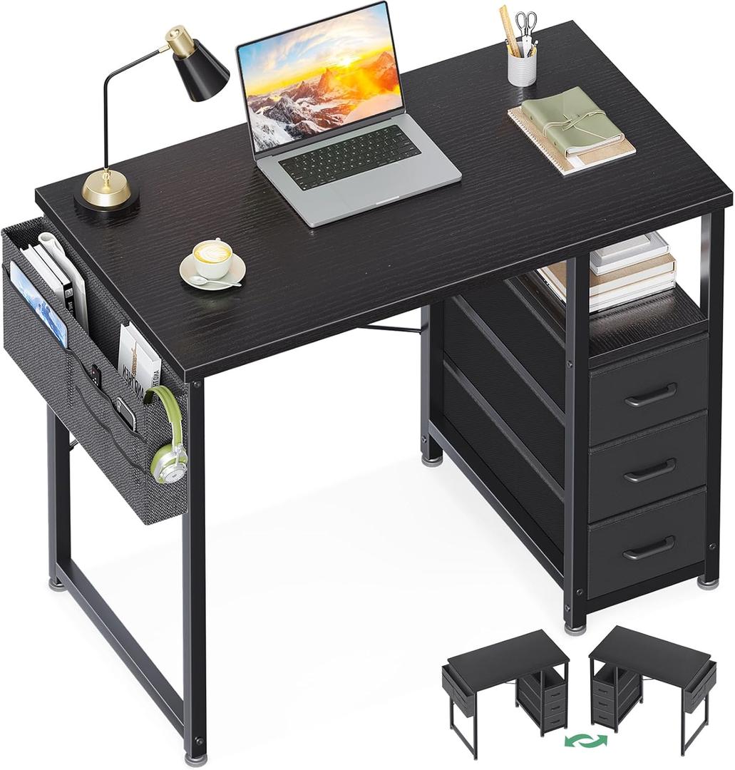 AODK 32 Inch Small Computer Desk with Fabric Drawers, Black | Mini Desk with Storage Shelf & Bag, Kids Study Desk for Bedroom, Home Office Desk for Small Space