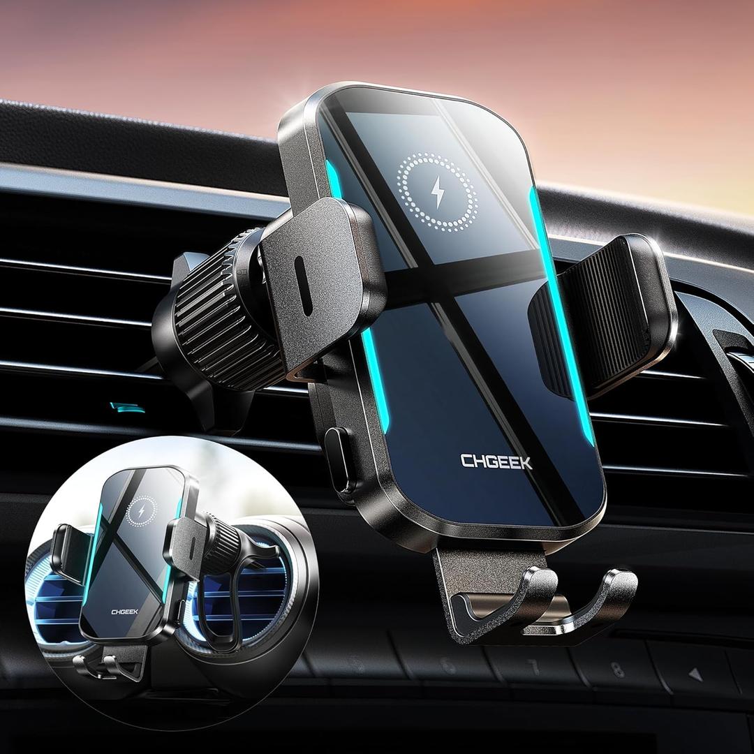 CHGeek Wireless Car Charger, 15W Fast Charging Car Phone Holder Charger Auto-Clamping Air Vent Car Phone Mount with Blue LED Backlit for iPhone 16 15 14 13 12, Samsung S24 S23 S22, etc (Black)