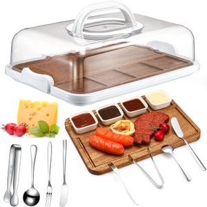 Baderke Wood Charcuterie Board with Lid Set, 12''x8.5'' Cutting Board with Clear Cover Charcuterie Accessories with Dip Bowls Cheese Spreader Butter Knive Mini Serving Tongs Spoons and Forks (Acacia)