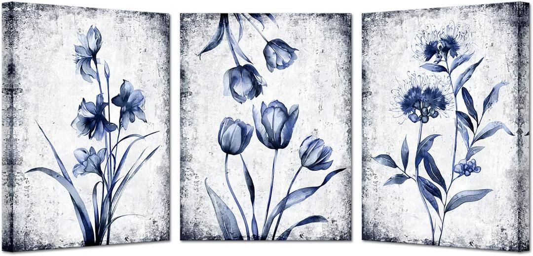 KREATIVE ARTS 3 Pieces Canvas Wall Art Navy Blue and Grey Flower Painting Art Prints Vintage Floral Picture Artwork Modern Bedroom Bathroom Wall Decor Framed Ready to Hang Each Panel 12x16 Inches, Small
