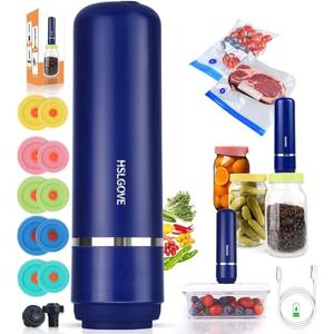 HSLGOVE Vacuum Sealer, Handheld Electric Mason Jar Vacuum Sealer Kit, Portable Food Sealer for Canning & Meal Storage, Includes 5 Reusable Bags, Jar Lids & 2 Wine Sealers MatteBlue