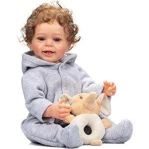 Reborn Baby Boy 22 inch Anatomically Correct Baby Boy Doll Silicone Full Body Realistic Boy Toddler Baby Dolls Curly Hair with Teeth for Boys Girls Gift (Grey)