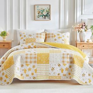 Flysheep Floral Patchwork Quilt Set Full/Queen Size, 3 Pieces Yellow Flower Plaid Bedspread Coverlet Set, Lightweight Soft Microfiber Bed Cover for All Season (90" x 90", 1 Quilt+ 2 Pillow Shams)
