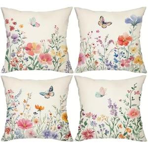 NOKOLULU 18x18 Inch Boho Throw Pillow Covers - Floral Butterfly Throw Pillows Set of 4 - Modern Decorative Couch Pillows for Sofa Bedroom, Premium Linen Cover & Machine Washable (Floral, 18"x18")