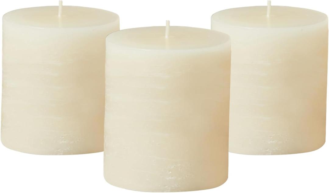 Simply Soson 3x3 inch Ivory Pillar Candles Set of 3, Rustic Texture, Unscented Ivory Candles, Dripless Candles, 3 inch Pillar Candles Ideal as Wedding, Parties, Spas, Dinner, Home Decoration, Church