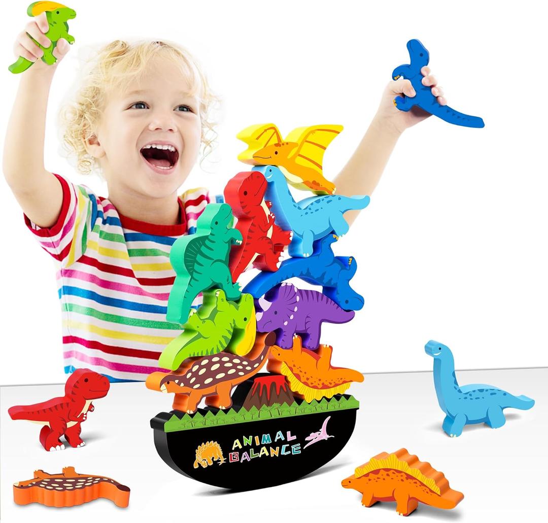 FFTROC Montessori Dinosaur Toys for 2 3 4 Year Old Boys - Wooden Stacking Dinosaur Toys for Kids 2-4 3-5, Toddler Balancing Block Sets (Multiple Colour 1)