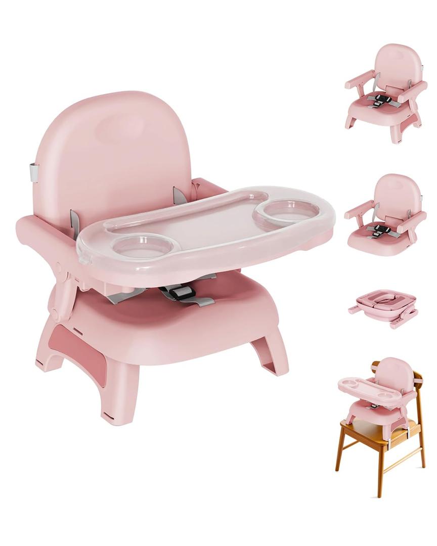 Booster Seat for Kitchen Chair, 3-in-1 Foldable & Portable Booster Seat with Tray, Extra Dishwasher-Safe Tray, Safety Straps for 618M (Up to 30 lbs), for Dining Table, Travel & Camping, Pink