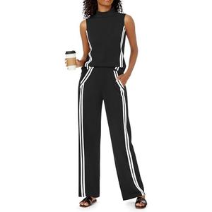 Casly Lamiit Womens 2 Piece Lounge Set Stripes Travel Outfits Sweatsuit Mock Neck Tank Top Wide Leg Pants Casual Activewear ,Size Extra small