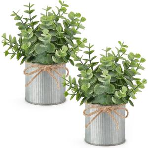 Mkono 2 Packs Small Fake Plants in Farmhouse Galvanized Pots Table Centerpiece Mini Faux Eucalyptus Potted Artificial Plants for Bathroom Shelf Room Rustic Home Decor
