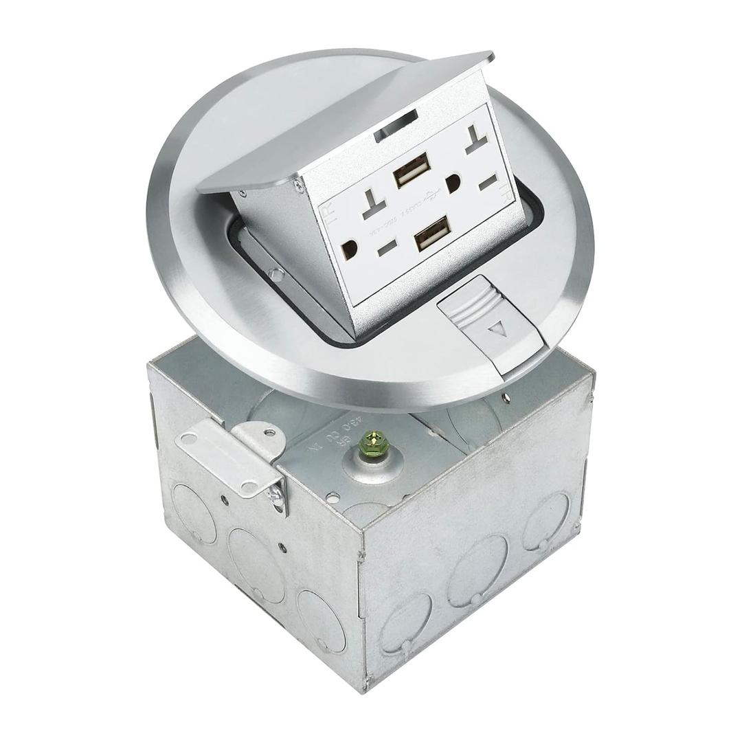 SELECT Lighting SLFB-PU-USB-NI 20A Pop Up USB Outlet Receptacles, Tamper Resistant Round Electrical Floor Box with Nickel Plated Brass Cover, Retractable Recessed Socket for Countertops & Floors