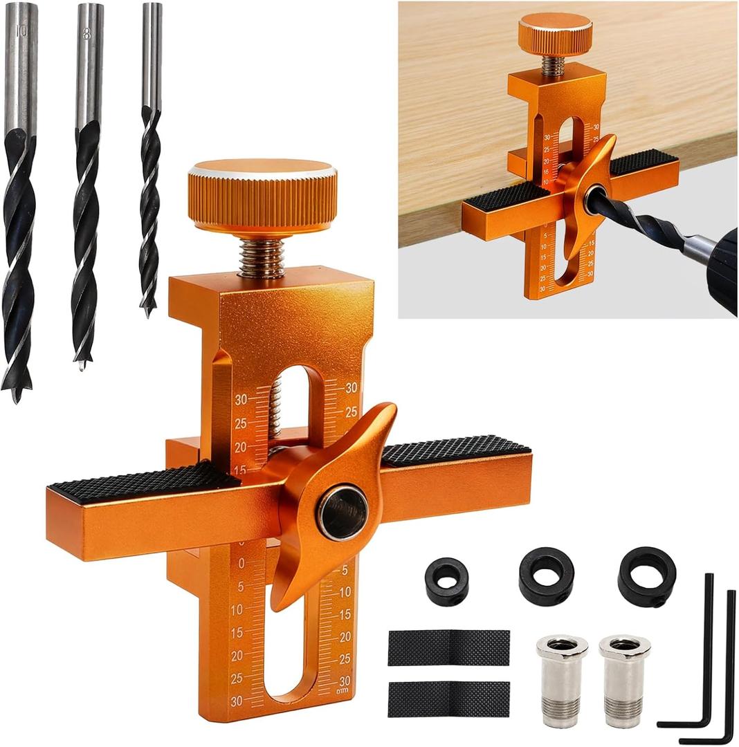 Jucoan Cabinet Door Installation Jig, 2-in-1 Adjustable Cabinet Door Positioning Jig with Drill Bits, Aluminum Alloy Mounting Tool Guide for Precise Cabinet Hardware Mounting Fits 10-40mm Boards