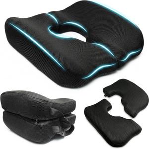 Dual-Piece Donut Pillow for Tailbone Pain, 100% Memory Foam Thick Bed Sore Cushion, T-Shaped Pressure Relief Pillows for Coccyx & Butt (Black)