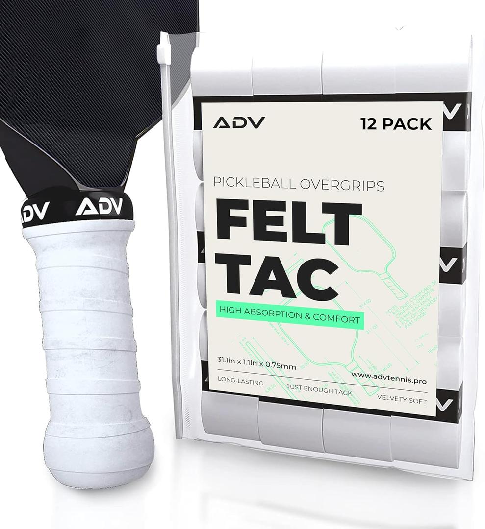 ADV Felttac Pickleball Grip Tape - Soft, Very Durable, Sweat Absorbing Pickleball Overgrip Tape - Dry & Comfortable Pickleball Paddle Grip Tape - Easy to Use & Easy to Install (12-Pack White)