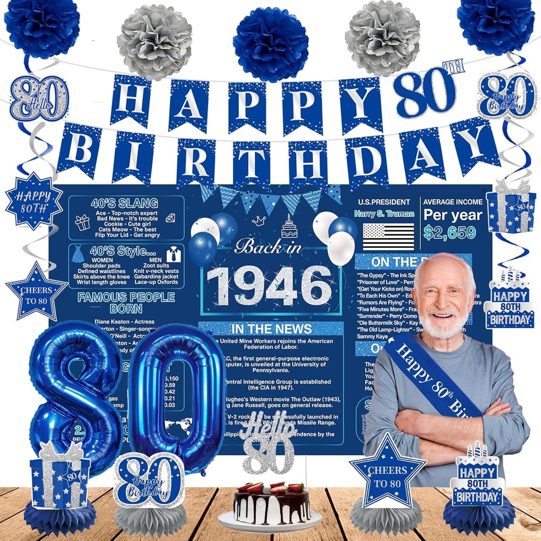 Crenics Blue 80th Birthday Decorations for Men Women  Back in 1946 Backdrop, Banner, Swirls, Centerpieces, Sash, Paper Pom Poms, Cake Topper and Balloons for 80 Birthday Party Supplies