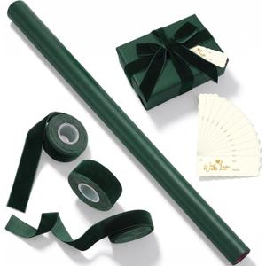 Matte Green Christmas Kraft Wrapping Paper 45 ft Velvet Ribbon 12 Gift Tags, 29.9 Inch Wide