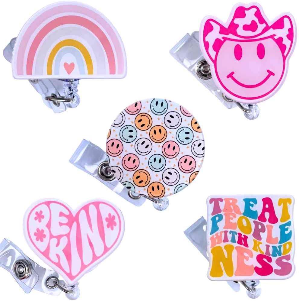 5 PC Cute Nurse Badge Reel Retractable Name Tag ID Clip Holder Retro Pink Cowboy Smiley Face Be Kind Heart Rainbow for Nurses Nursing Student RN Pediatric Teacher Funny Office Work Accessories