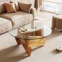 Honyee Modern Round Coffee Table, 30.7" x 30.7" x 16.1" Tempered Glass Top for Living Room, Color: Natural Wood