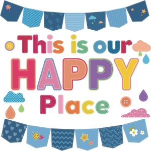 4 x Gueevin Back to School Bulletin Board Decoration This is Our Happy Place Bulletin Board Set DIY Paper Cutouts for Classroom First Day of School Chalkboard Wall Decor