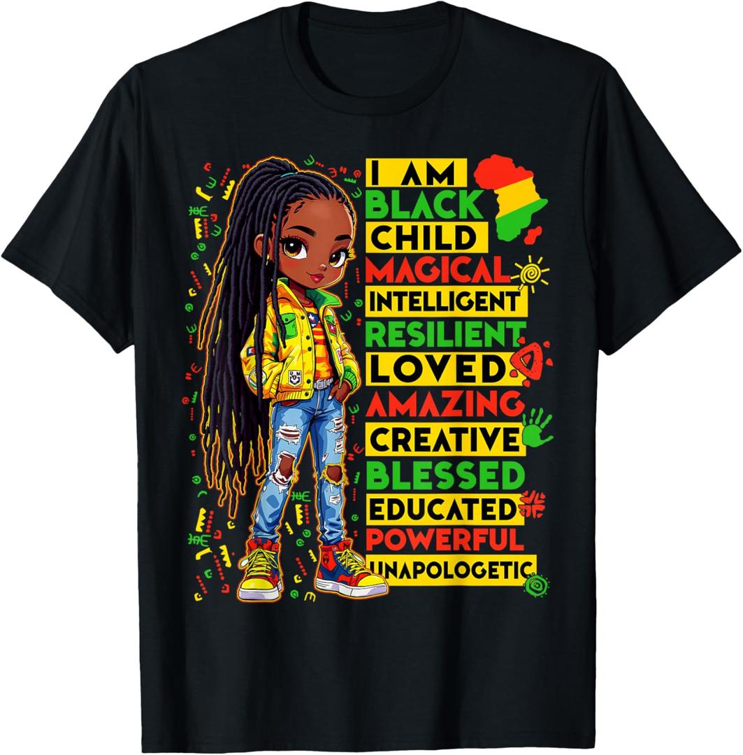 I Am Black Child History Month African American Kids Girls T-Shirt, Small 