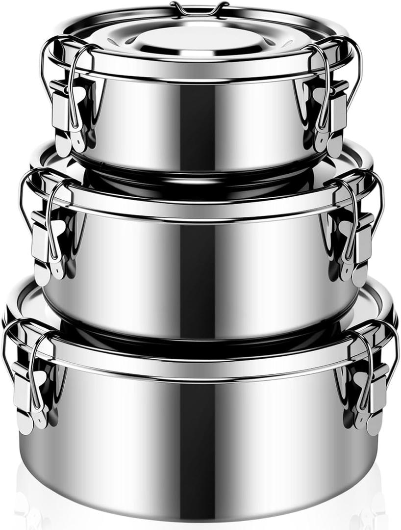 3 Pcs Small Stainless Steel Bento Box Reusable 304 Stainless Steel Food Storage Containers with Lockable Clips to Leak Proof, Dishwasher Safe(54 Oz, 74 Oz, 101 Oz)