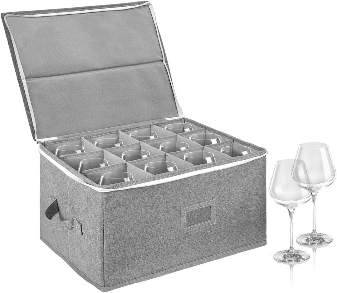Glass Storage Box Holds 12 - Stackable Hard Shell Organizer with Adjustable Dividers for Champagne Flutes & Crystal, Label Window, Durable Protector Case