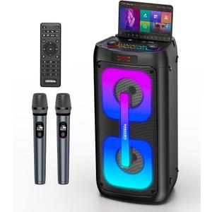 Karaoke Machine for Adults with 2 Wireless Microphones, Portable Bluetooth Speaker PA System with Dicso Lights for Big Pary, Stage Subwoofers, Outdoor, Ideal Gifts for Family, Music Lover