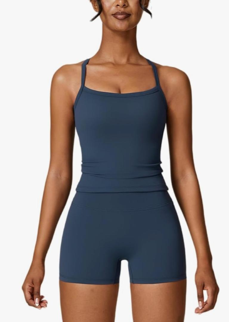 ABOCIW 2 Pieces Workout Sets for Women, Cross Back Tank Top Matching High Waist Biker Shorts, Gym Yoga Pilates Outfits, S