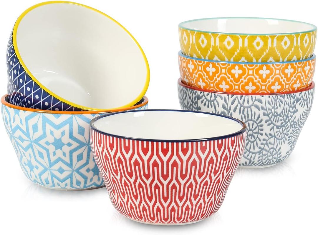 Selamica Ceramic 8oz Bouillon Cups 4 Inch Small Bowls, Dessert bowls for Soup Dipping Sauce Coffee Cupping, Microwave Dishwasher Safe, Set of 6, Assorted Colors
