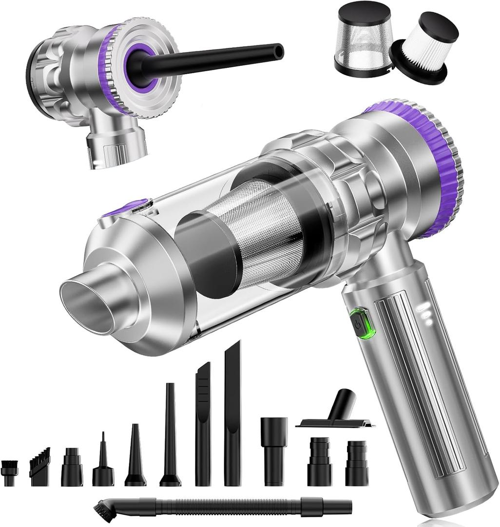 Handheld Car Vacuum Portable Cordless, 20000Pa Powerful Suction Car Vacuum Cleaner for Home, Office, Mini Hand Held Air Duster/Blower & 3-Speed Adjustment, With Nozzles for Pet Hair, Keyboard, Desk