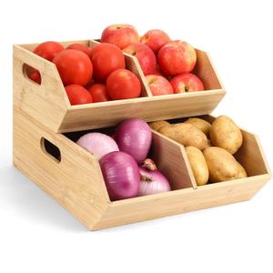 2 Set Pantry Organizers and Storage Bins, Bamboo Stackable Baskets for Potatoes, Onion, Bread, Vegetables - Bamboo Pantry Organizer Containers for Drawer, Cabinet, Countertop