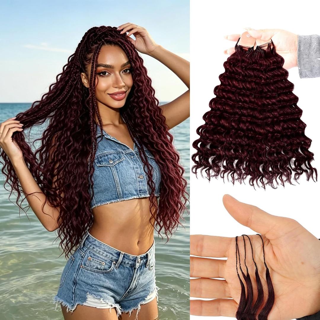 Miracle Knots Crochet Human Hair, Deep Wave Pre-Separated Crochet Hair for Black Women, Easy Install Hook Design, Invisible Natural Look,Boho Hair 18 Inch 120g(99J# Black Wine Color)