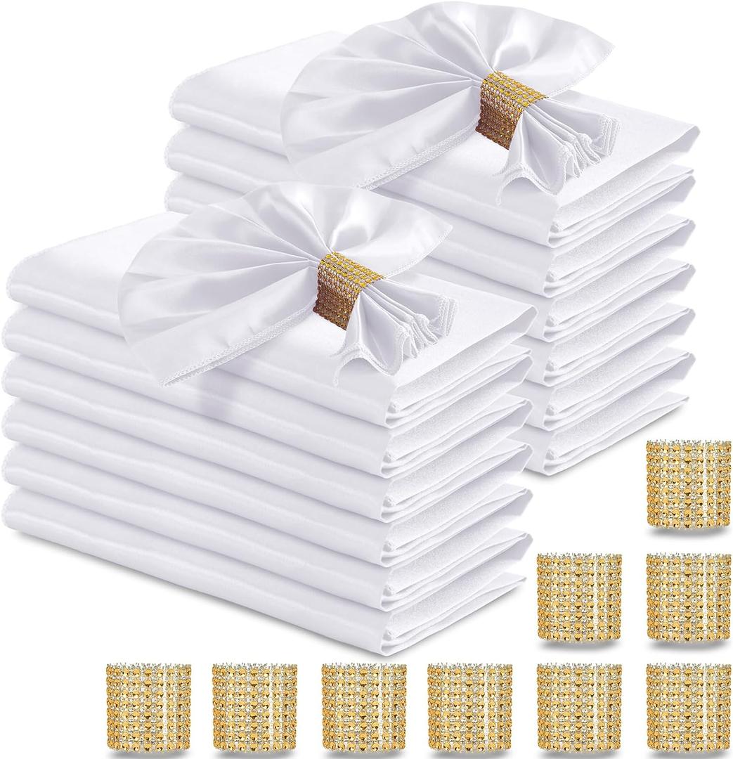 RUDONG M 100 Pcs White Satin Napkins and Napkin Rings Set, 17 x 17 Inch Square Cloth Napkins Set of 50, Silky Soft Table Napkins Bulk for Weddings, Banquet, Parties Dinner Decoration
