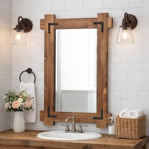 Vercraft Rustic Mirror for Bathroom, Wooden Framed Farmhouse Mirror, Wall Mount Farmhouse Rectangle Decorative Brown Vintage Mirrors for Bathroom Vanity, Bedroom, Entryway, Living Room(24 x 36 Inch)