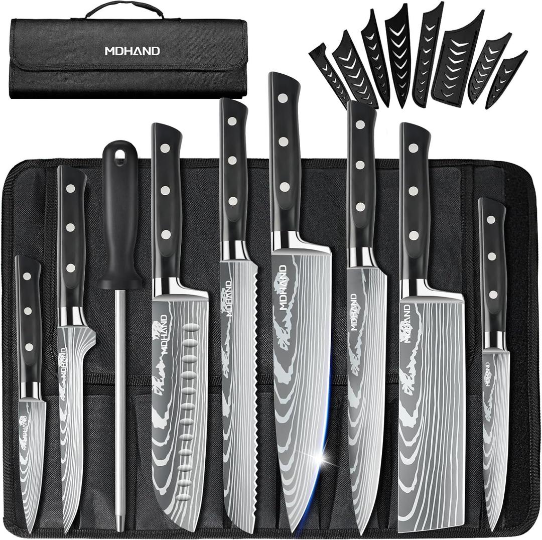 MDHAND Professional Chef Knife Set with Roll Bag, 9PCS Japanese Kitchen Knife Set with Sharpener, High Carbon Stainless Steel Kitchen Knives - Forged Triple Rivet, Dishwasher Safe, Chef Gifts, Black