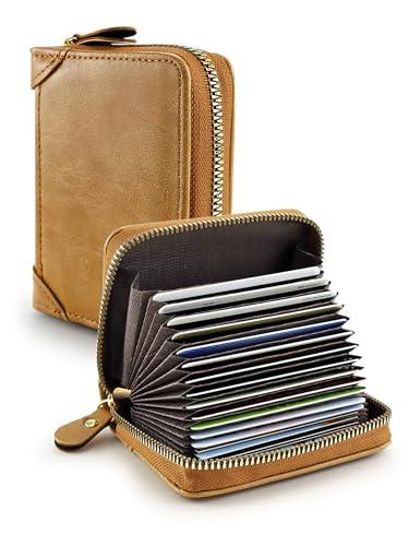GAUENEEN Leather Business Card Holder, RFID Blocking 20 Slots Zipper Credit Card Organizer, Khaki