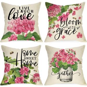 Pink Geranium Flower Decorative Throw Pillow Covers 18x18 Set of 4, Sweet Home Floral Mason Jar Spring Summer Cushion Case Decor, Bloom with Grace Live Laugh Love Home Decoration for Sofa Couch